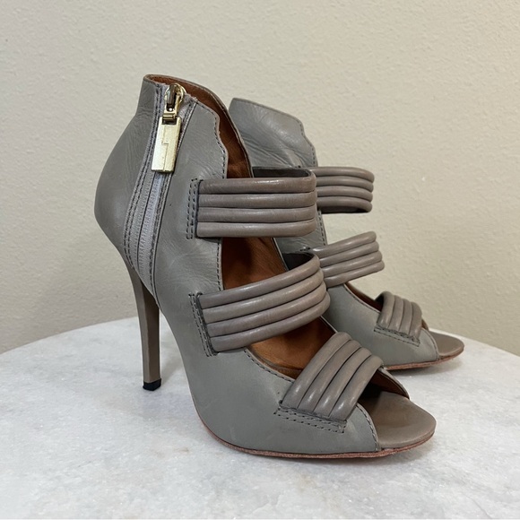 L.A.M.B. Shoes - L.A.M.B. Size 8M Grey Peep Toe Leather Pump Cage High Heels